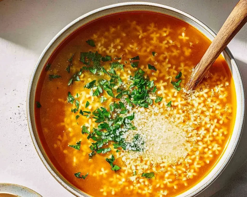 The Ultimate Pastina Soup Recipe 9 A bowl of soup garnished with chopped parsley and grated cheese.