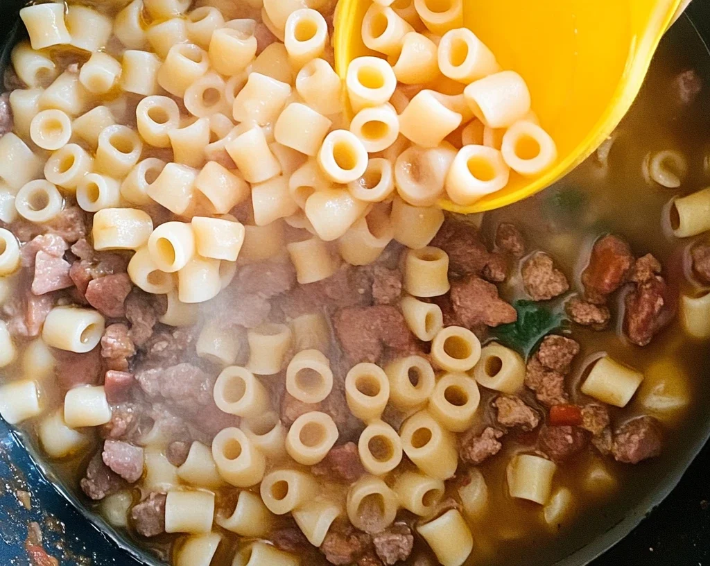 The Ultimate Swamp Soup Recipe Guide 11 A pot of simmering broth with diced sausage and a yellow bowl pouring ditalini pasta into the mixture.