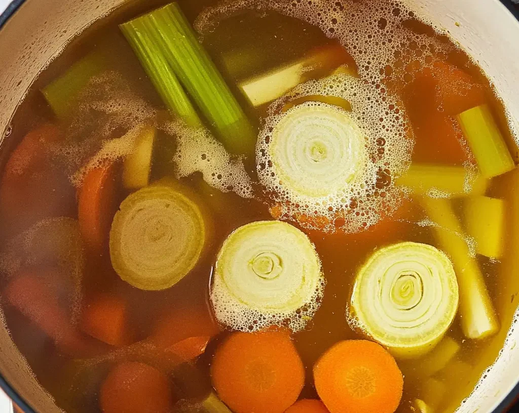 The Ultimate Pastina Soup Recipe 11 A pot with vegetables (carrots and celery) cooking in broth.