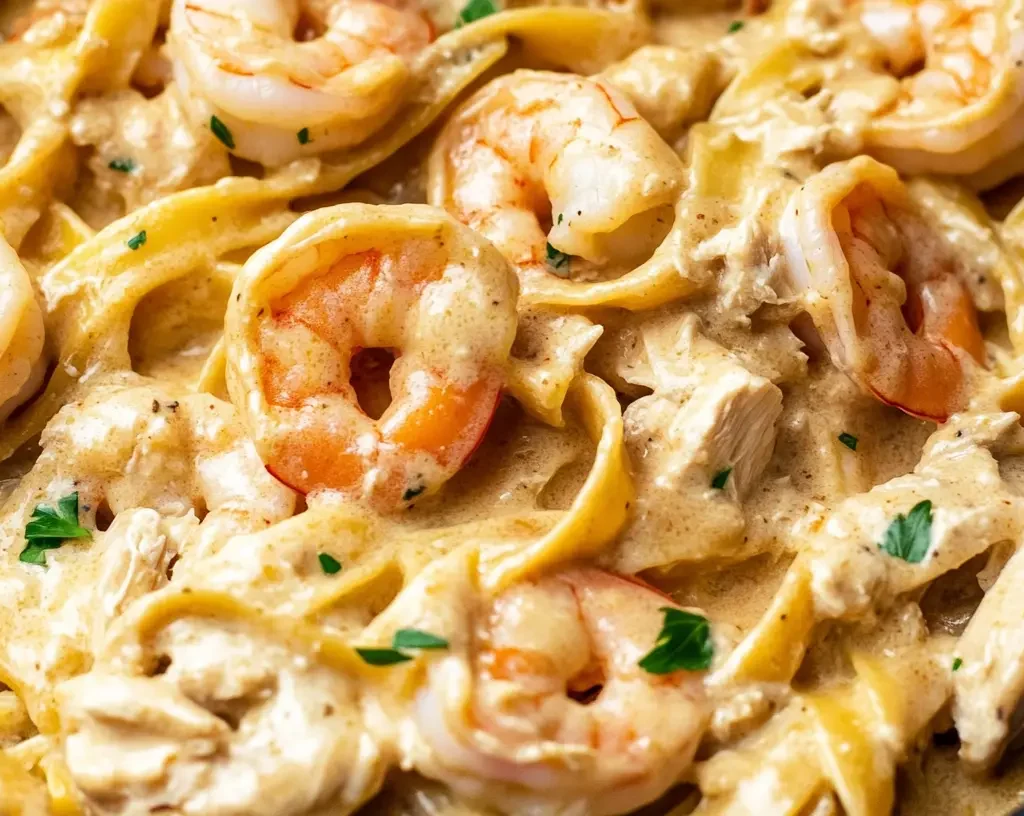 How to make a delicious chicken and shrimp Alfredo at home 8 A close-up of a creamy shrimp and chicken fettuccine Alfredo, coated in a rich, golden sauce with fresh herbs.