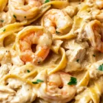 A close-up of a creamy shrimp and chicken fettuccine Alfredo, coated in a rich, golden sauce with fresh herbs.