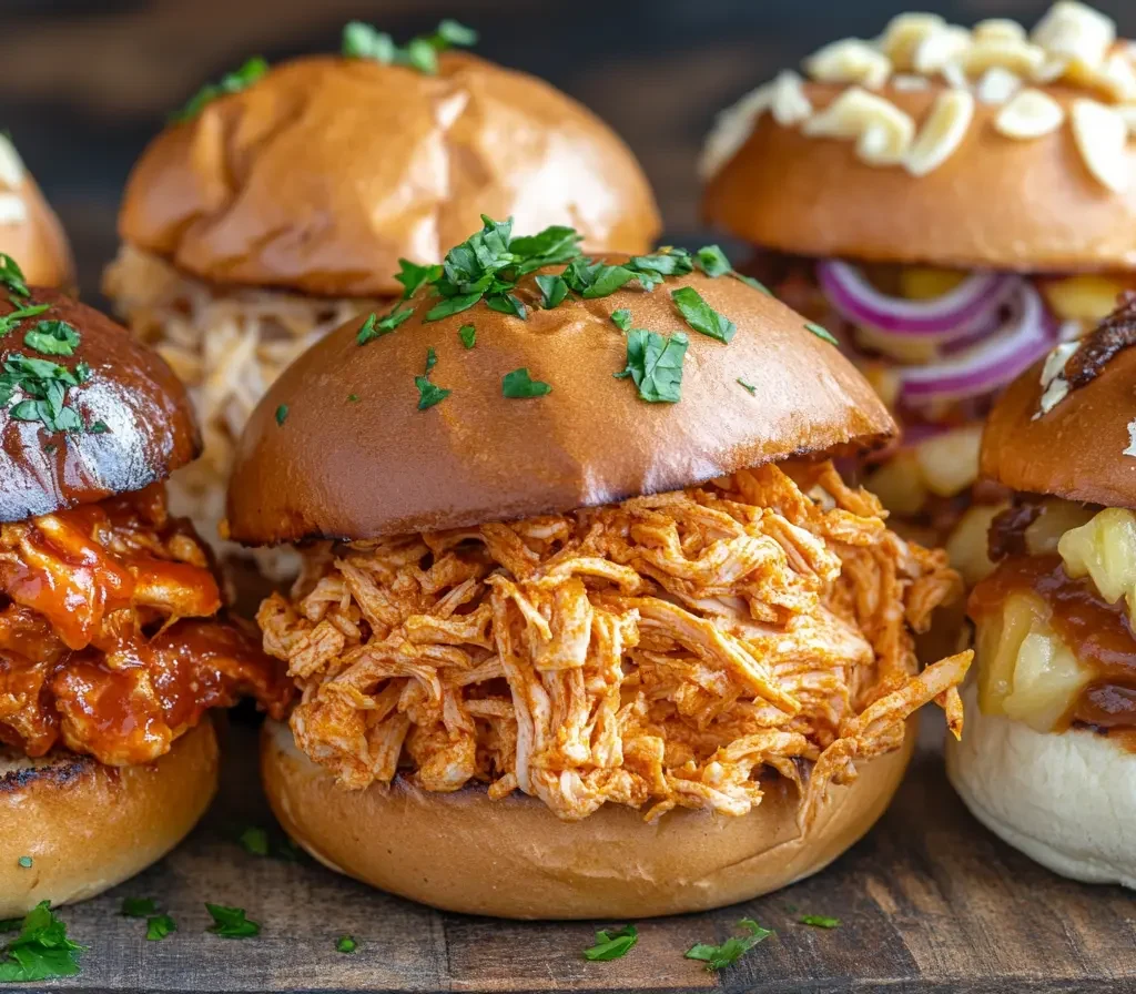 What Goes Well with Shredded Chicken Sandwiches? 6 Various shredded chicken sandwich styles, including Buffalo, Hawaiian, and BBQ