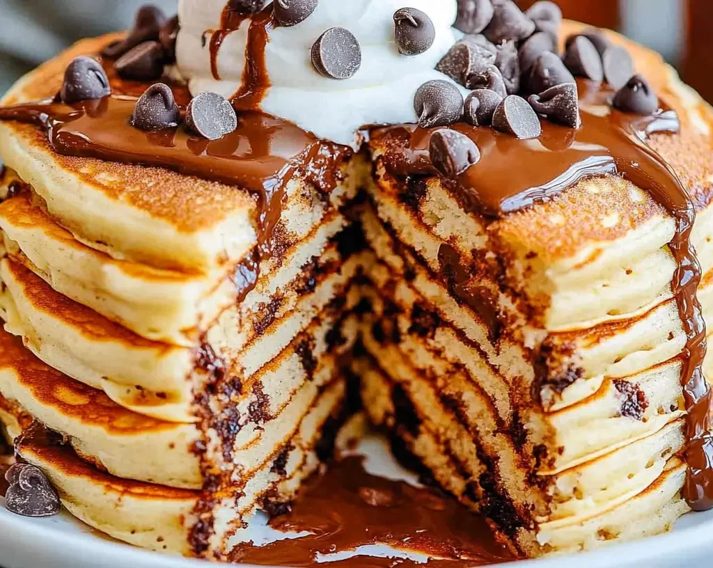 A stack of chocolate chip pancakes cut open, revealing layers of melted chocolate, topped with whipped cream, chocolate chips, and chocolate drizzle.