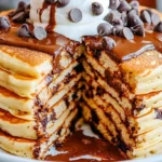 A stack of chocolate chip pancakes cut open, revealing layers of melted chocolate, topped with whipped cream, chocolate chips, and chocolate drizzle.