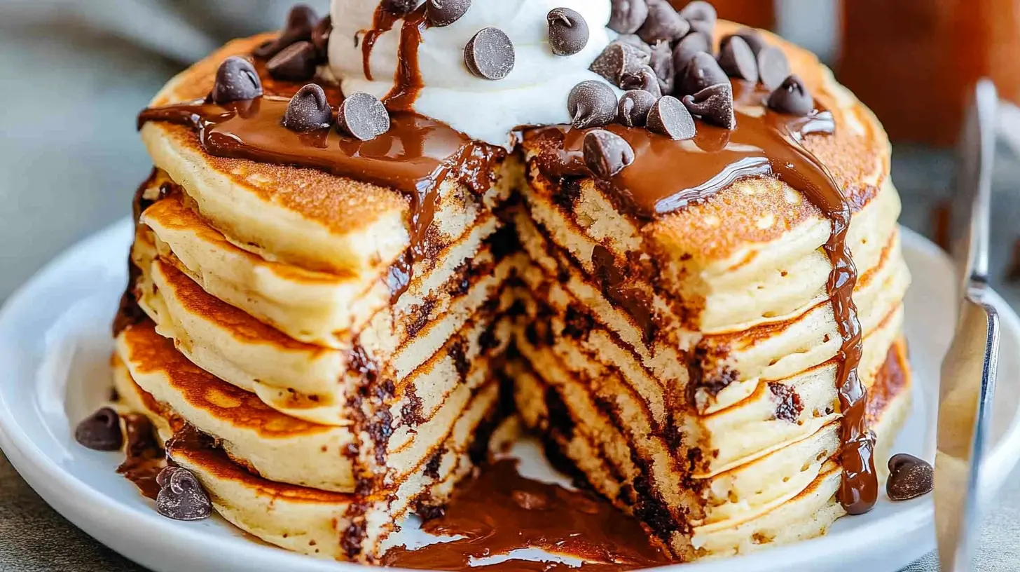 A stack of chocolate chip pancakes cut open, revealing layers of melted chocolate, topped with whipped cream, chocolate chips, and chocolate drizzle.