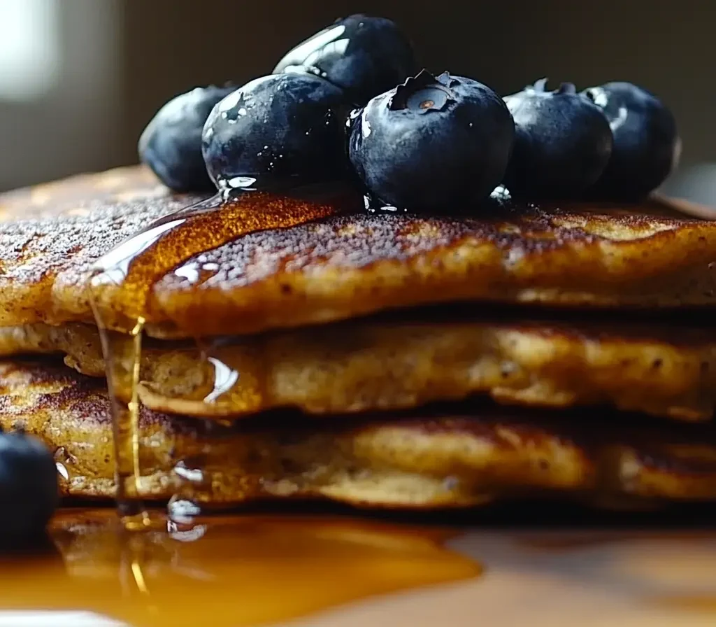 Golden-brown Premier Protein pancakes with fresh berries and syrup.