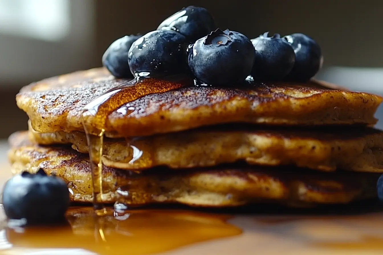 Golden-brown Premier Protein pancakes with fresh berries and syrup.