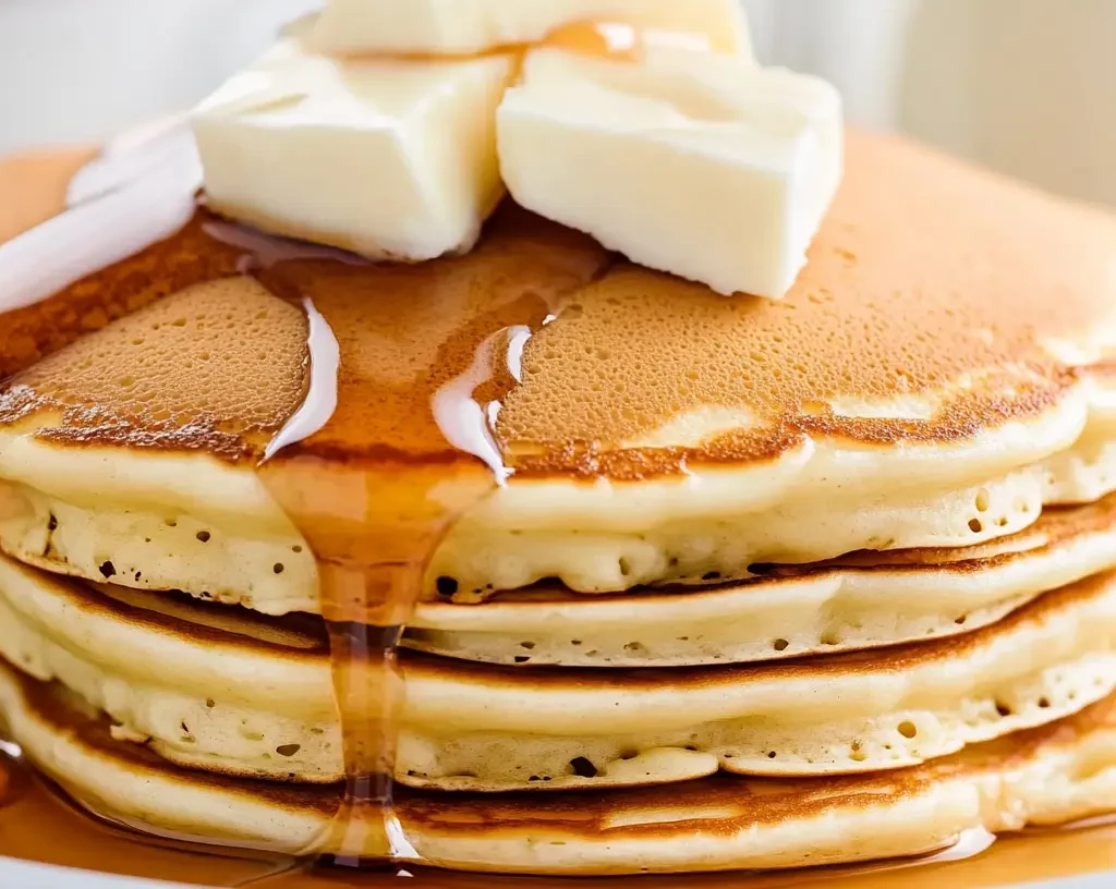 Delicious Cracker Barrel Pancakes Recipe for Perfect Buttermilk Pancakes 8 Stack of golden pancakes topped with butter and drenched in syrup.