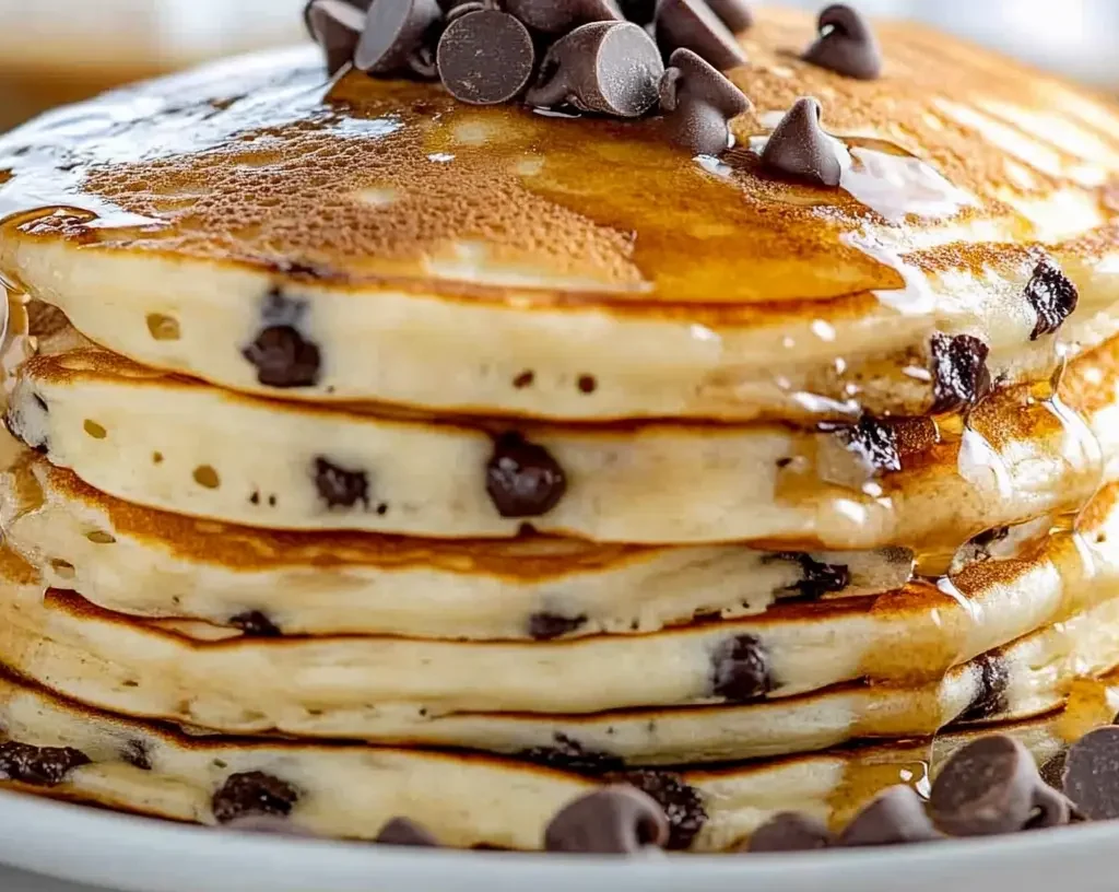 Cracker Barrel Chocolate Chip Pancakes Recipe: Sweet & Fluffy Treats 8 A stack of golden brown chocolate chip pancakes drizzled with maple syrup and topped with extra chocolate chips.