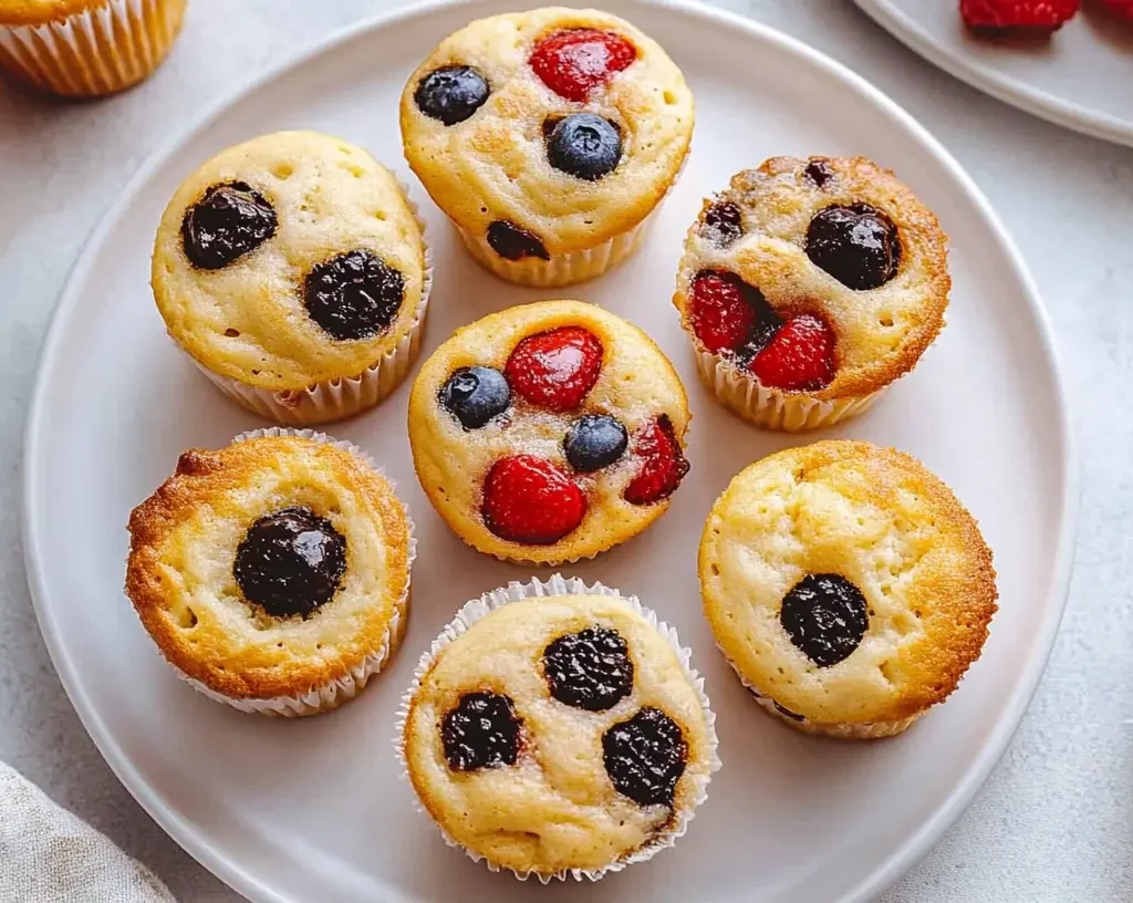 The Best Pancake Muffin Recipe: Easy, Fluffy, and Delicious 9 A batch of golden, fluffy pancake muffins topped with blueberries, raspberries, and blackberries, served on a white plate. These bite-sized treats are soft, slightly crispy on the edges, and bursting with juicy berries.