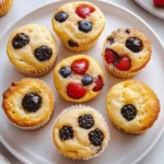 A batch of golden, fluffy pancake muffins topped with blueberries, raspberries, and blackberries, served on a white plate. These bite-sized treats are soft, slightly crispy on the edges, and bursting with juicy berries.