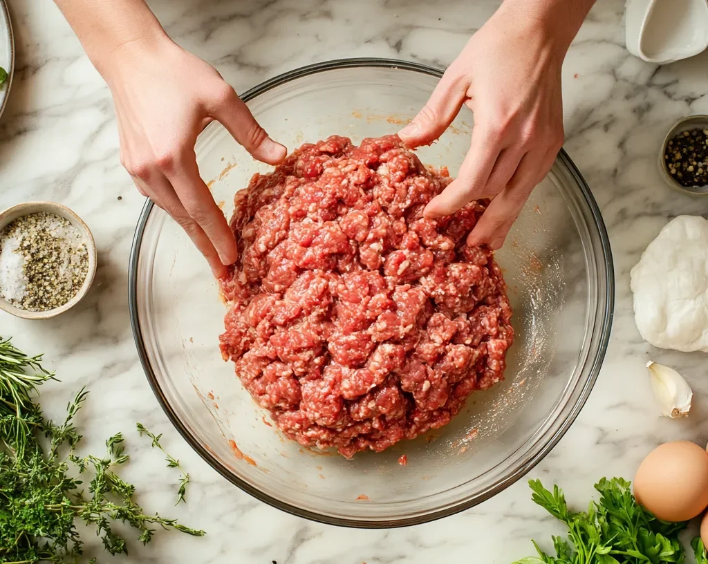 How Long to Smoke a 2-Pound Meatloaf at 225 Degrees? 10 Hands shaping meatloaf mixture on a countertop.