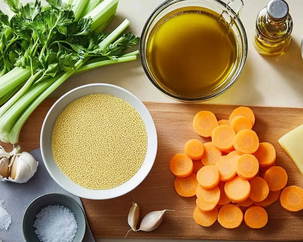 The Ultimate Pastina Soup Recipe 10 A collection of fresh ingredients for soup, including celery, carrots, garlic, olive oil, and cheese.