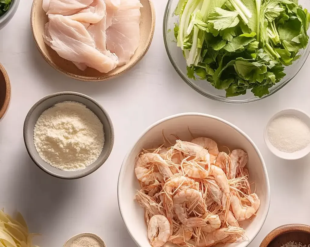 How to make a delicious chicken and shrimp Alfredo at home 9 A top-down view of fresh ingredients including shrimp, chicken, pasta, herbs, parmesan cheese, and seasonings for making a creamy Alfredo dish.