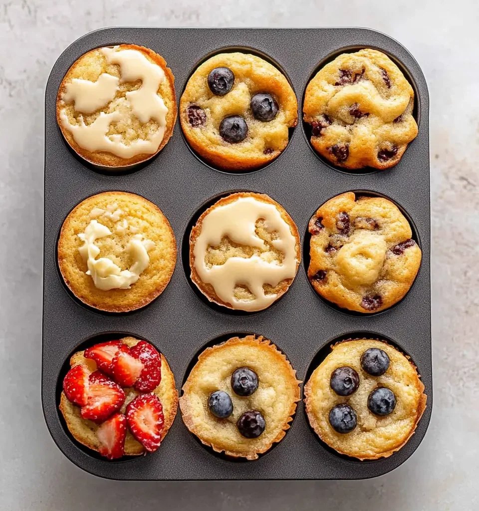 The Best Pancake Muffin Recipe: Easy, Fluffy, and Delicious 14 Freshly baked pancake muffins straight out of the oven, featuring blueberries, raspberries, and drizzles of glaze for an extra sweet touch.