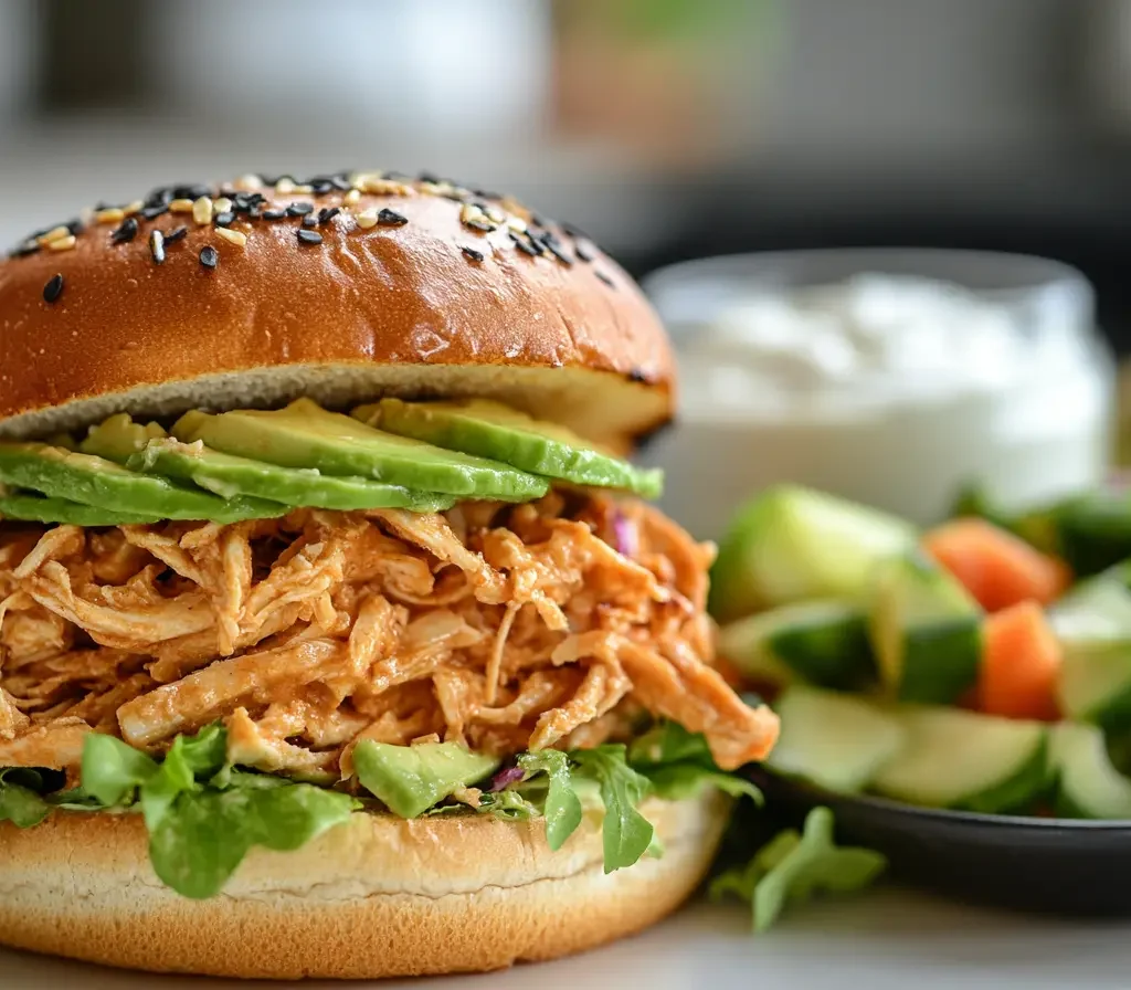 A healthy shredded chicken sandwich with avocado, whole wheat bun, and salad.