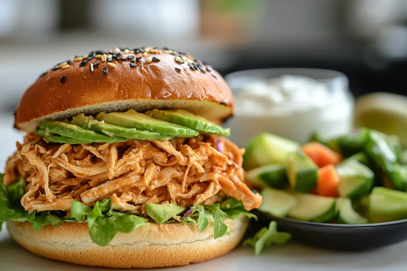 A healthy shredded chicken sandwich with avocado, whole wheat bun, and salad.