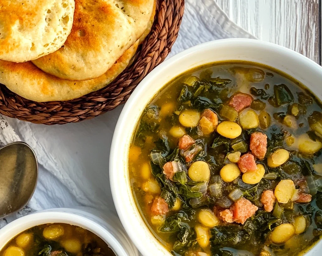 The Ultimate Swamp Soup Recipe Guide 8 A bowl of turnip green soup with white beans, chunks of smoked sausage, and leafy greens, served with golden brown biscuits.