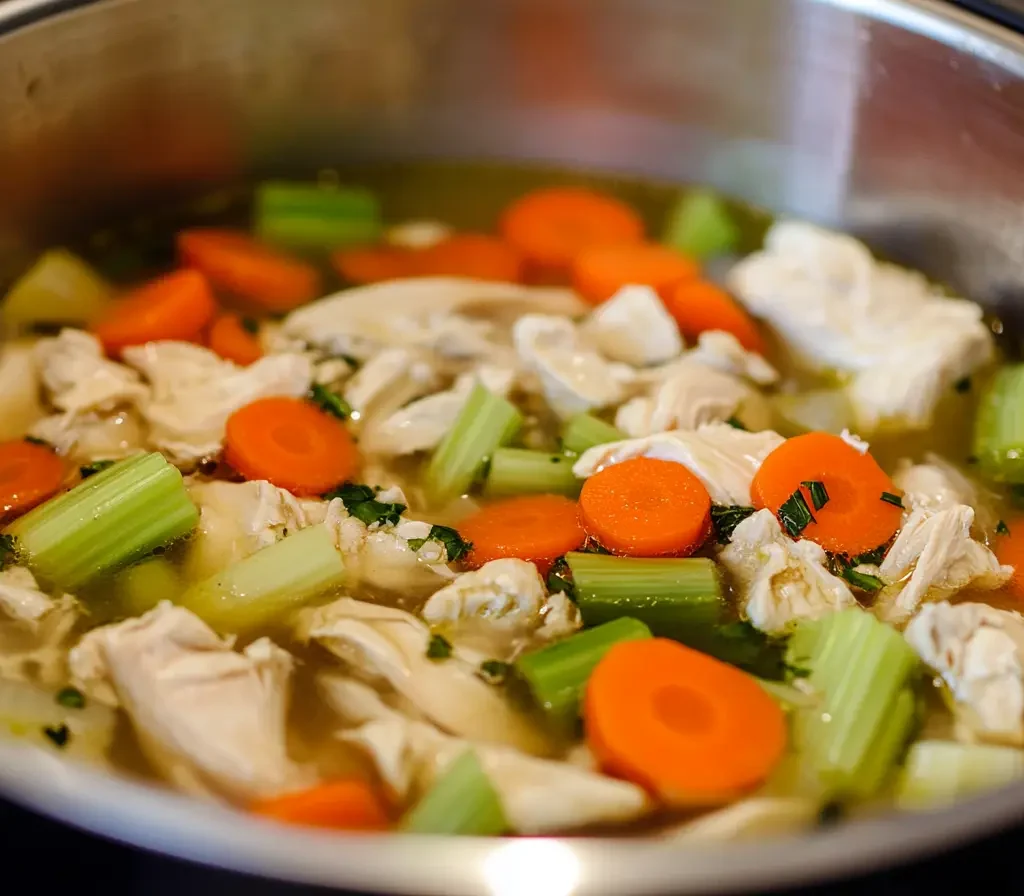 Authentic Italian Chicken Soup Recipe with Pastina 9 A pot of homemade chicken soup with chunks of chicken, sliced carrots, and celery in a clear broth.