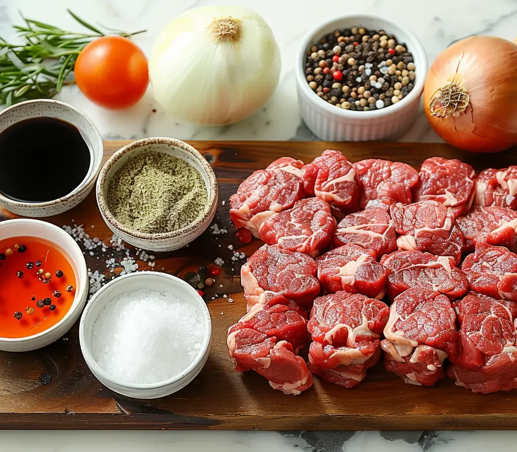 The Ultimate Guide to the Maid-Rite Sandwich Recipe 9 Fresh ingredients for a Maid-Rite sandwich recipe, including raw beef, onions, spices, and seasonings on a wooden cutting board.