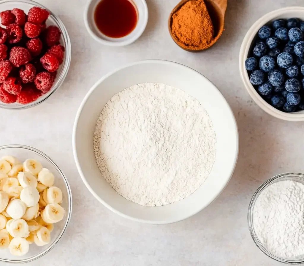 The Best Pancake Muffin Recipe: Easy, Fluffy, and Delicious 10 A flat-lay shot of ingredients including fresh raspberries, blueberries, sliced bananas, flour, vanilla extract, cinnamon, and powdered sugar—everything needed to create delicious pancake muffins.