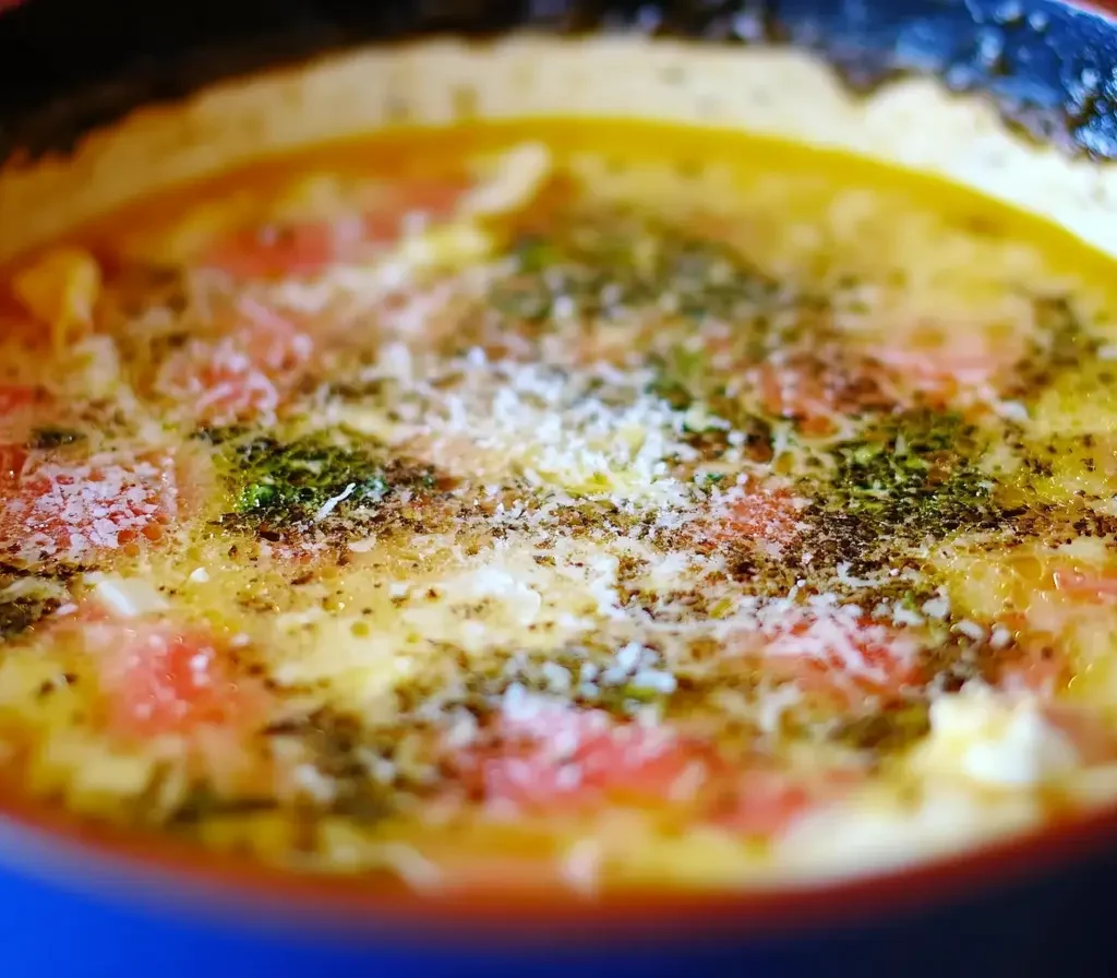 Authentic Italian Chicken Soup Recipe with Pastina 11 A pot of Italian chicken soup topped with fresh herbs, melted cheese, and black pepper.