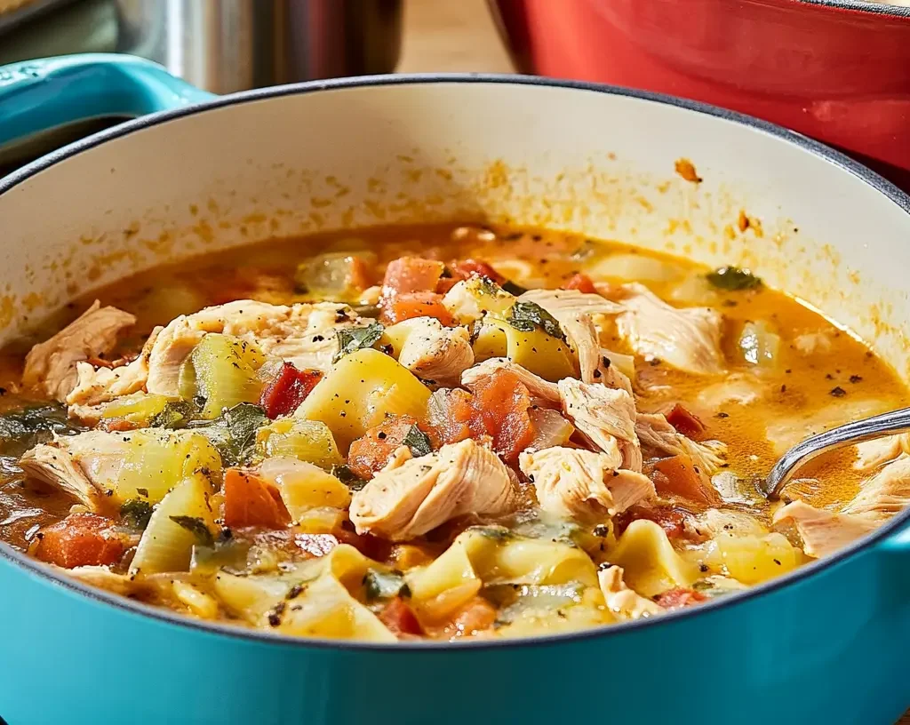 Authentic Italian Chicken Soup Recipe with Pastina 8 A steaming pot of Italian chicken soup filled with shredded chicken, diced vegetables, and pasta in a rich broth.