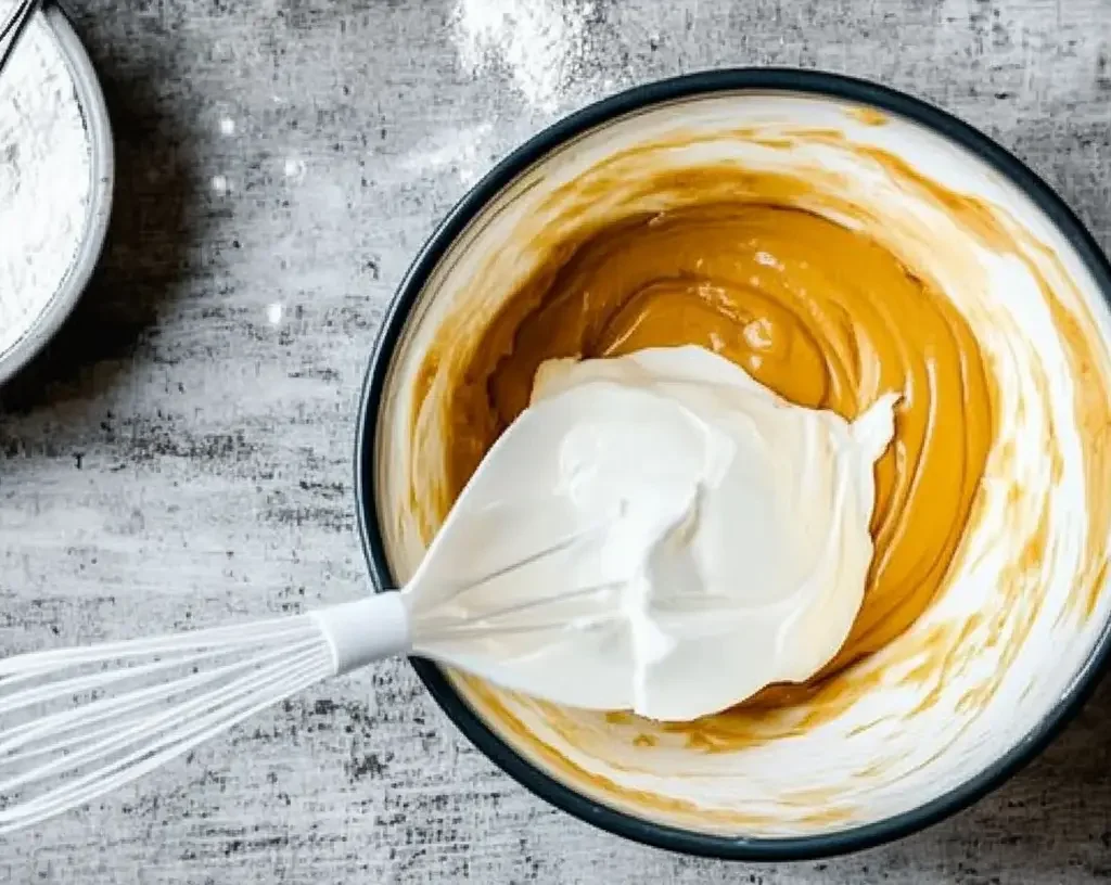 Cracker Barrel Chocolate Chip Pancakes Recipe: Sweet & Fluffy Treats 9 A bowl with pancake batter being mixed using a whisk, surrounded by flour on a rustic countertop.