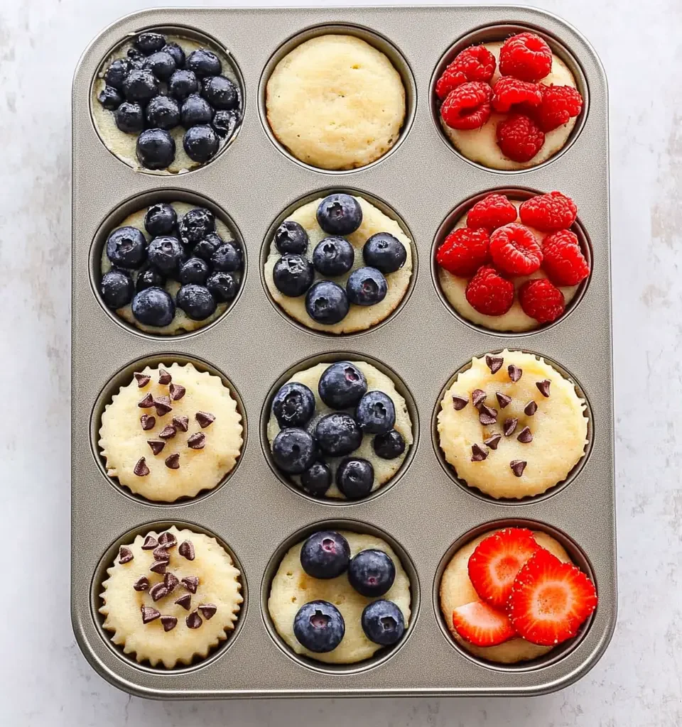 The Best Pancake Muffin Recipe: Easy, Fluffy, and Delicious 13 A muffin tin filled with pancake batter and various toppings, including blueberries, raspberries, chocolate chips, and sliced strawberries, prepared for baking.