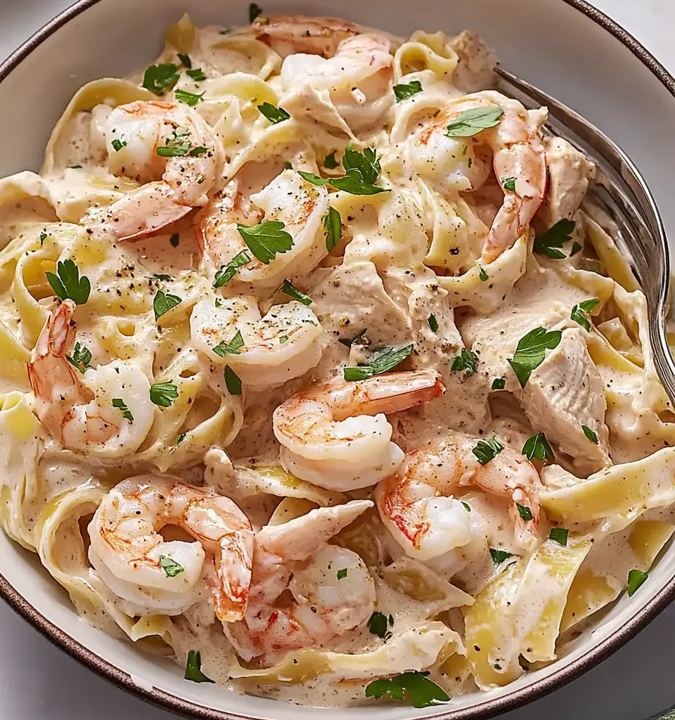 A bowl of creamy shrimp and chicken fettuccine Alfredo, garnished with fresh parsley and black pepper.