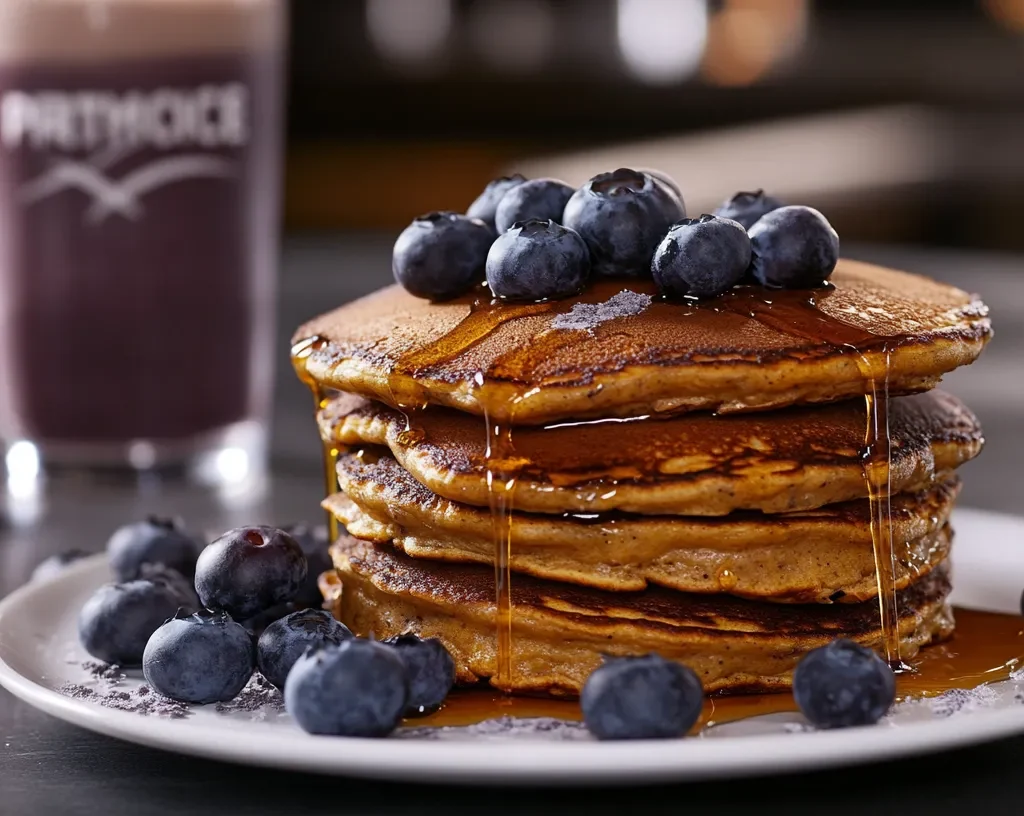 Premier Protein pancakes with blueberries and syrup on a plate.