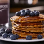 Premier Protein pancakes with blueberries and syrup on a plate.