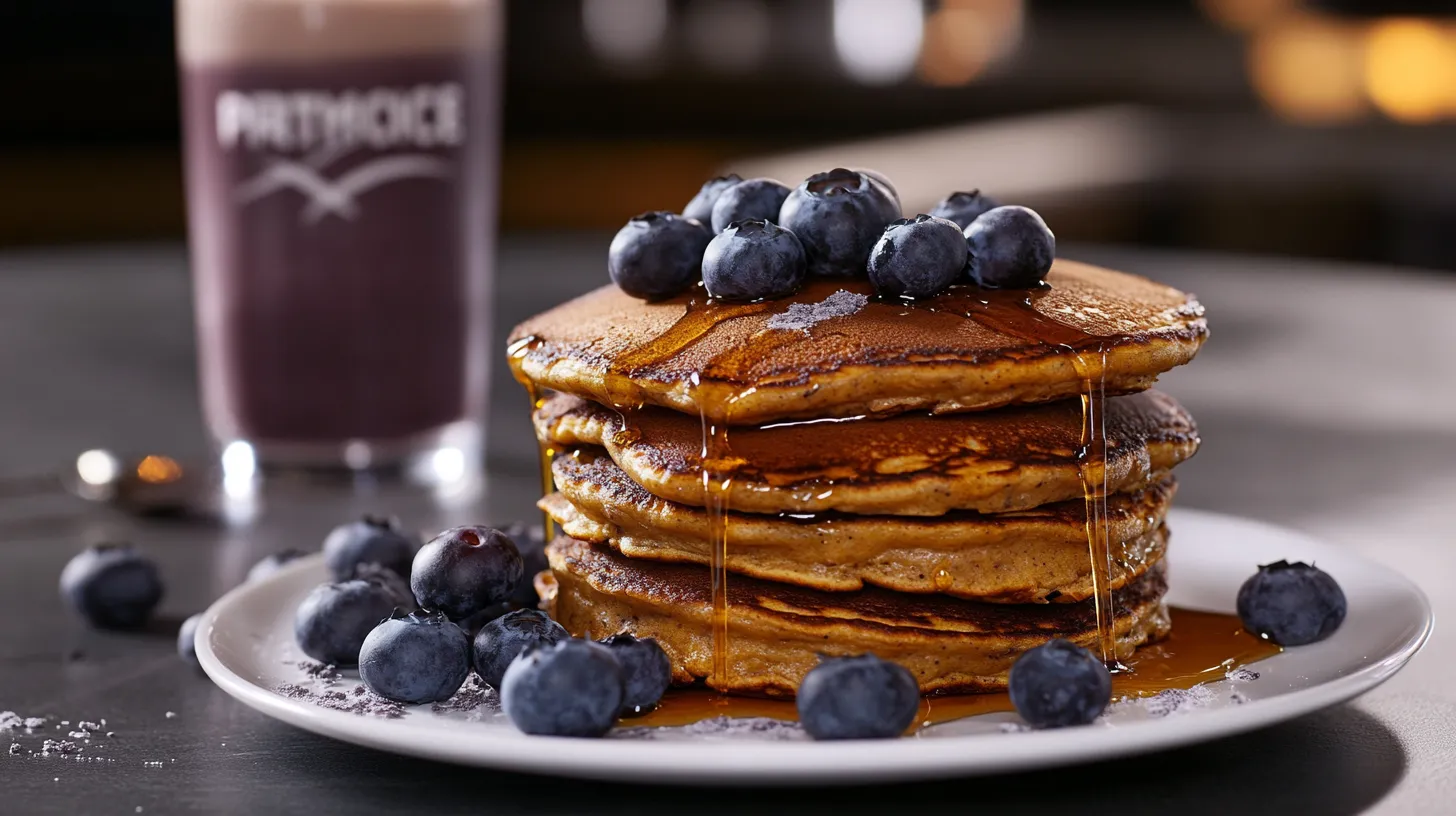 Premier Protein pancakes with blueberries and syrup on a plate.