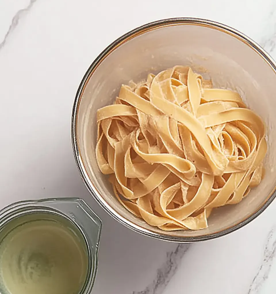 How to make a delicious chicken and shrimp Alfredo at home 10 A bowl of fresh fettuccine pasta with a measuring cup of broth on a white marble surface.