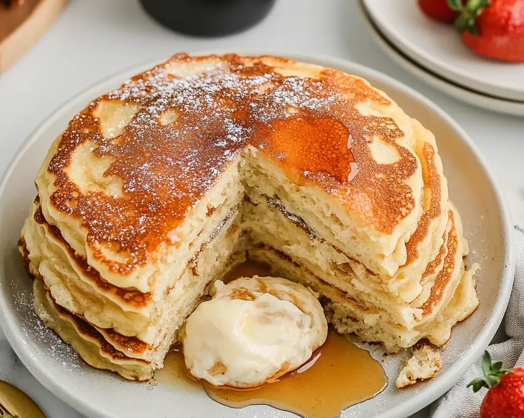 A plate of pancakes served with syrup and whipped cream, surrounded by fresh strawberries.