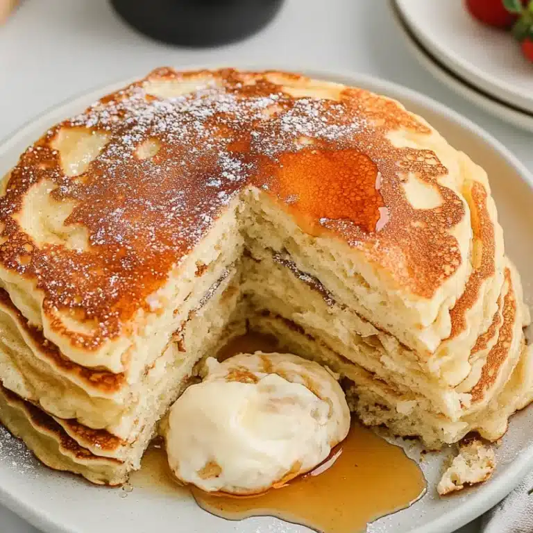 A plate of pancakes served with syrup and whipped cream, surrounded by fresh strawberries.
