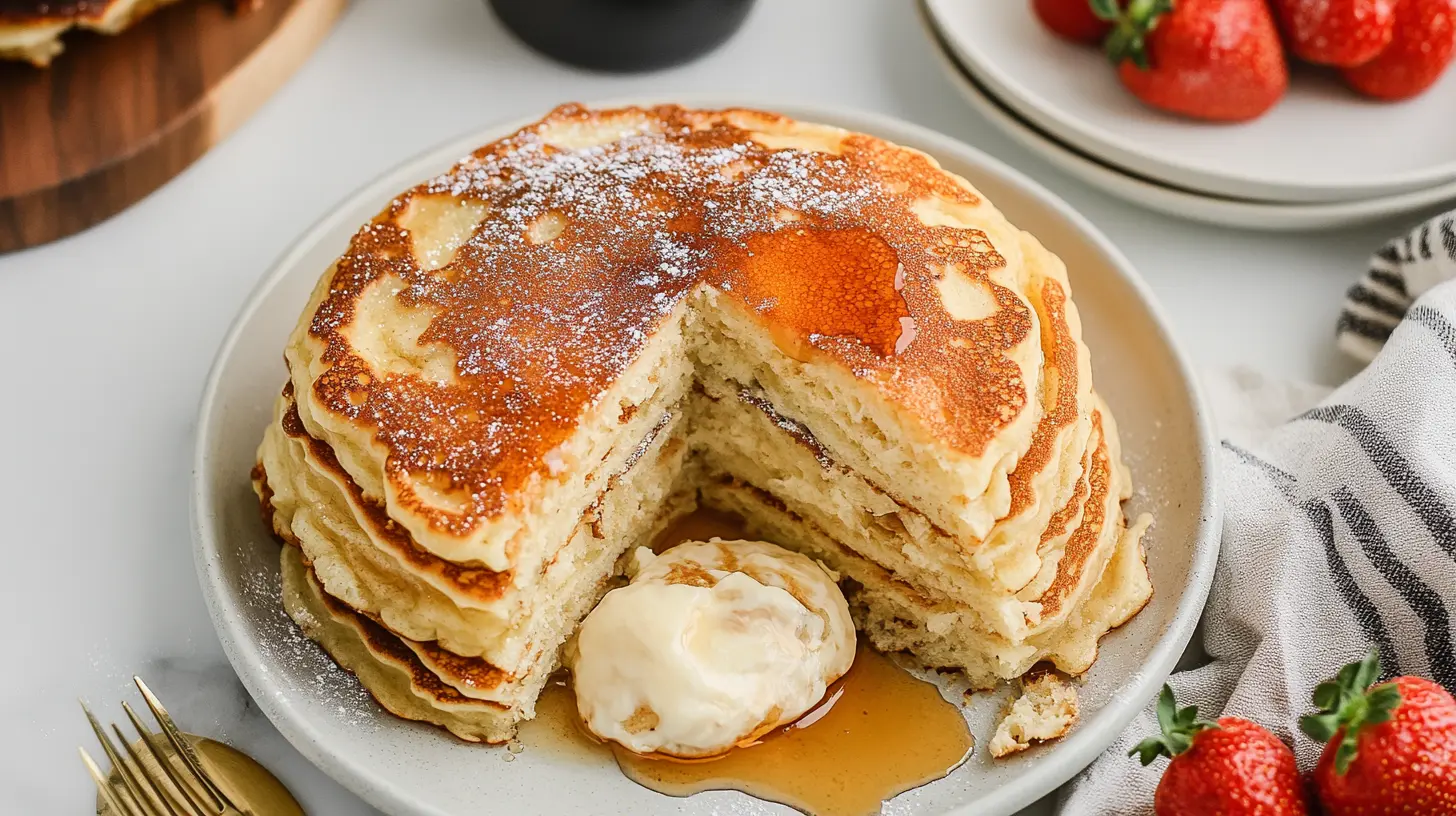 A plate of pancakes served with syrup and whipped cream, surrounded by fresh strawberries.