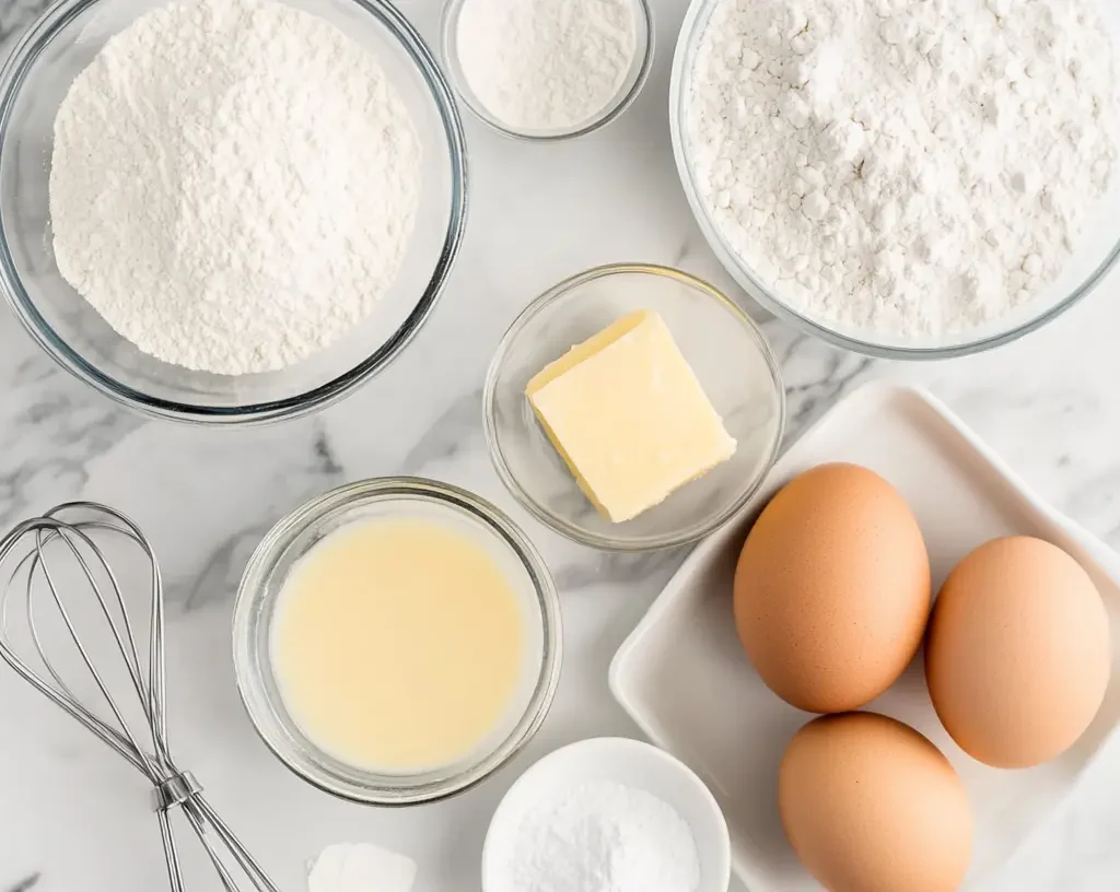 Delicious Cracker Barrel Pancakes Recipe for Perfect Buttermilk Pancakes 9 Ingredients for making pancakes arranged neatly on a marble surface.