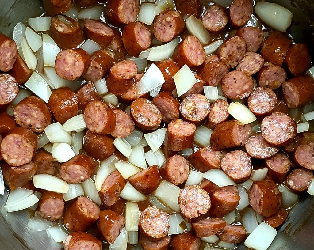 The Ultimate Swamp Soup Recipe Guide 9 A pot filled with sliced andouille sausage and diced onions being sautéed until golden brown.