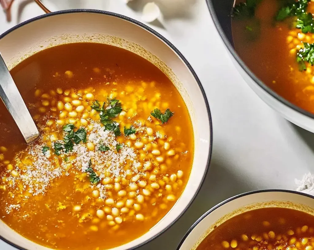 The Ultimate Pastina Soup Recipe 13 Two bowls of finished soup, garnished with herbs and cheese.
