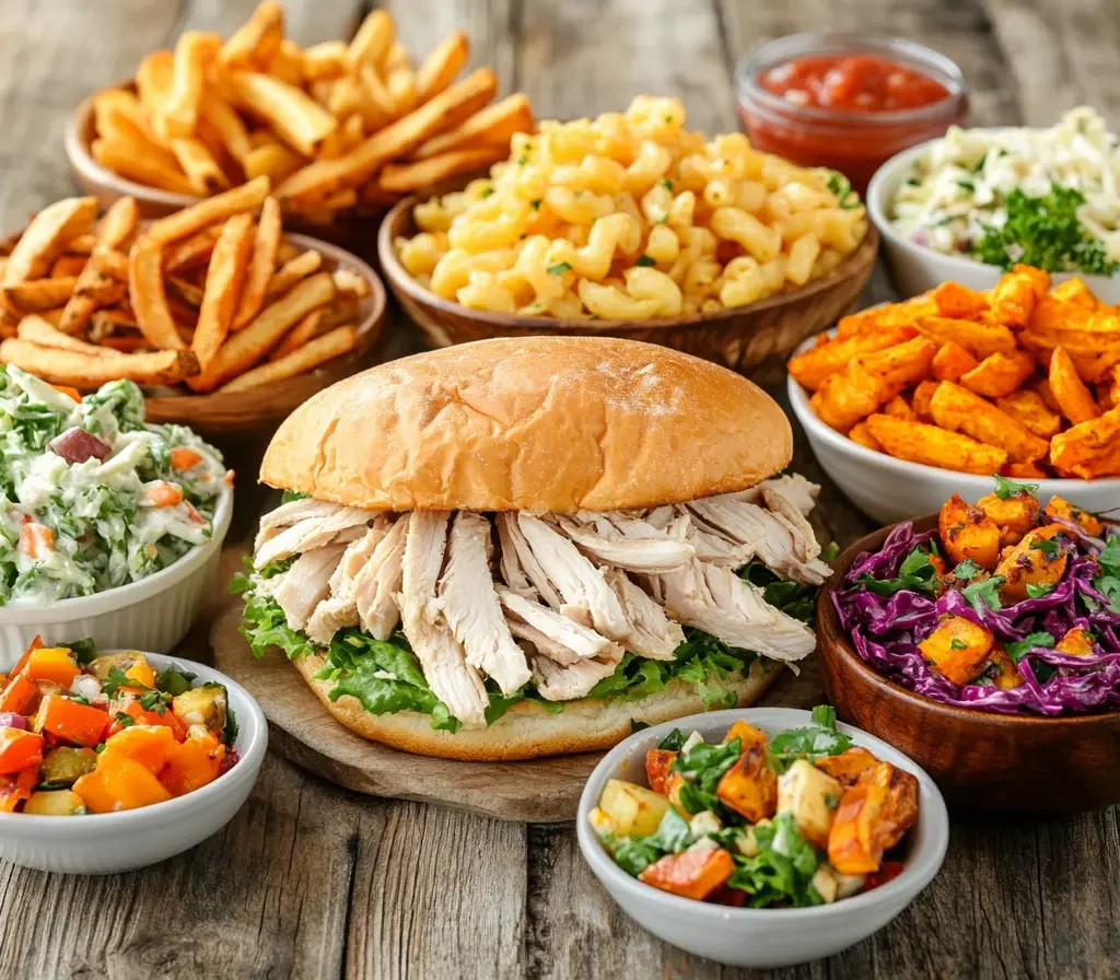 What Goes Well with Shredded Chicken Sandwiches? 2 Shredded chicken sandwich with coleslaw and BBQ sauce, served with fries and iced tea.