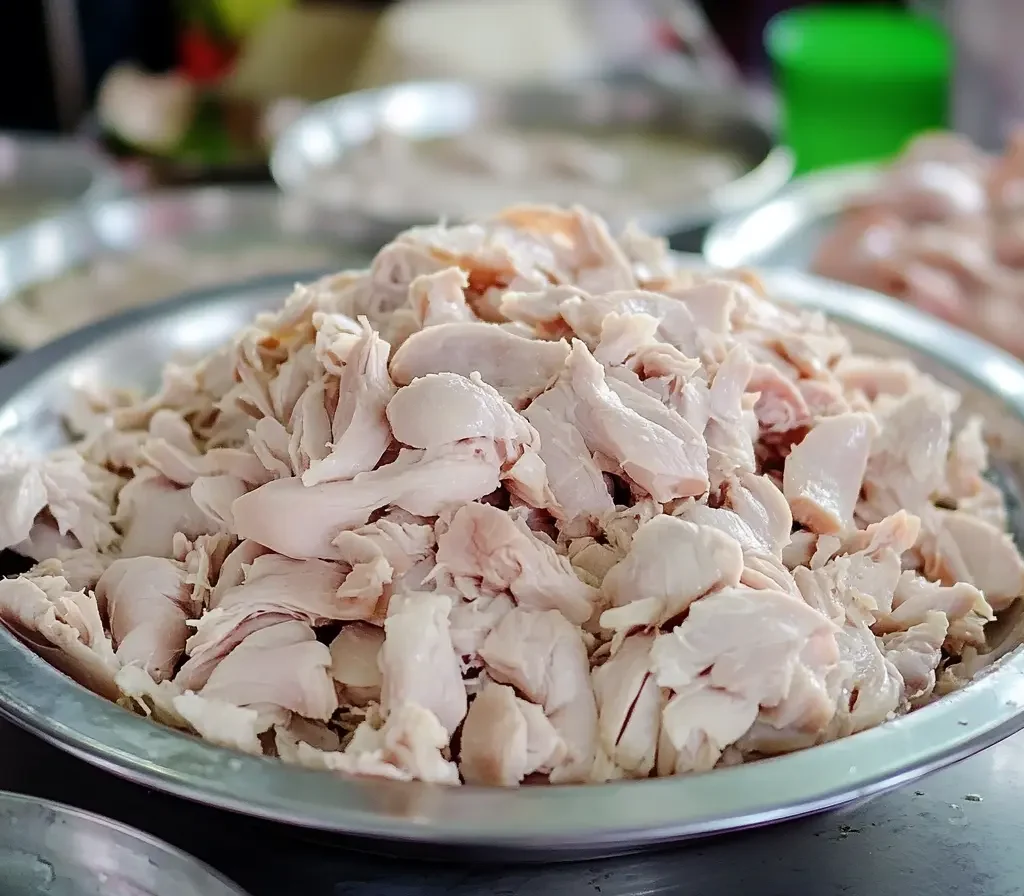 Authentic Italian Chicken Soup Recipe with Pastina 10 A plate filled with freshly shredded chicken, ready to be added to a soup or dish.