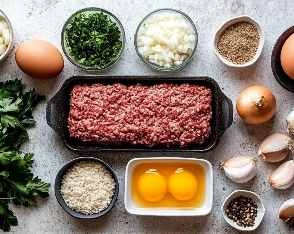 How Long to Smoke a 2-Pound Meatloaf at 225 Degrees? 9 Ingredients for smoked meatloaf including ground beef, pork, onions, garlic, and breadcrumbs.