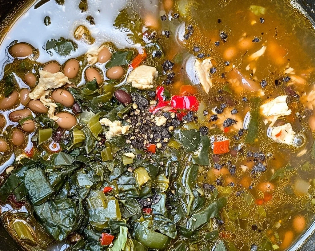 The Ultimate Swamp Soup Recipe Guide 10 A simmering pot filled with collard greens, black beans, red pepper, and spices in a flavorful broth.
