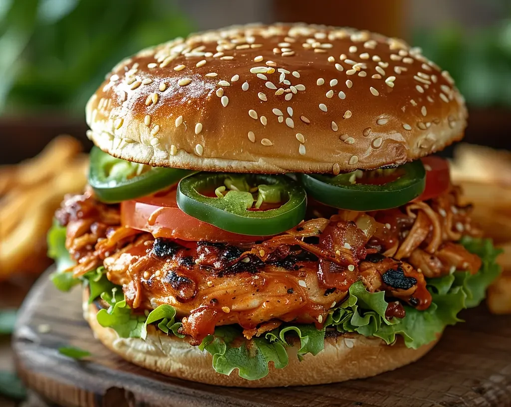 Spicy shredded chicken sandwich with jalapeños