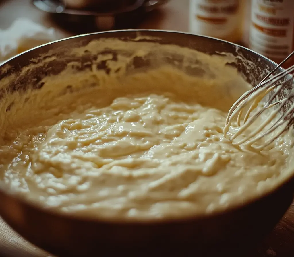 Premier Protein Pancakes 10 Premier Protein Pancake batter being mixed in a bowl.