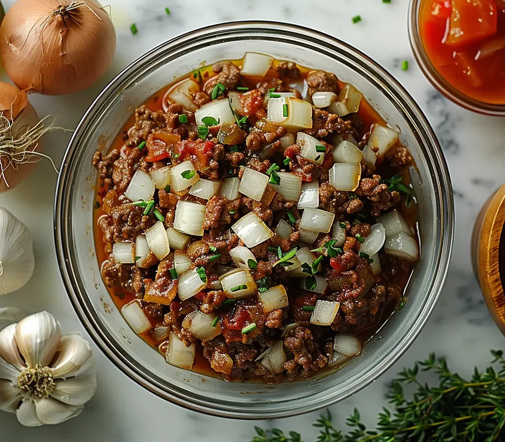 The Ultimate Guide to the Maid-Rite Sandwich Recipe 10 A bowl of seasoned loose meat topped with diced onions and fresh herbs, ready for a Maid-Rite sandwich.
