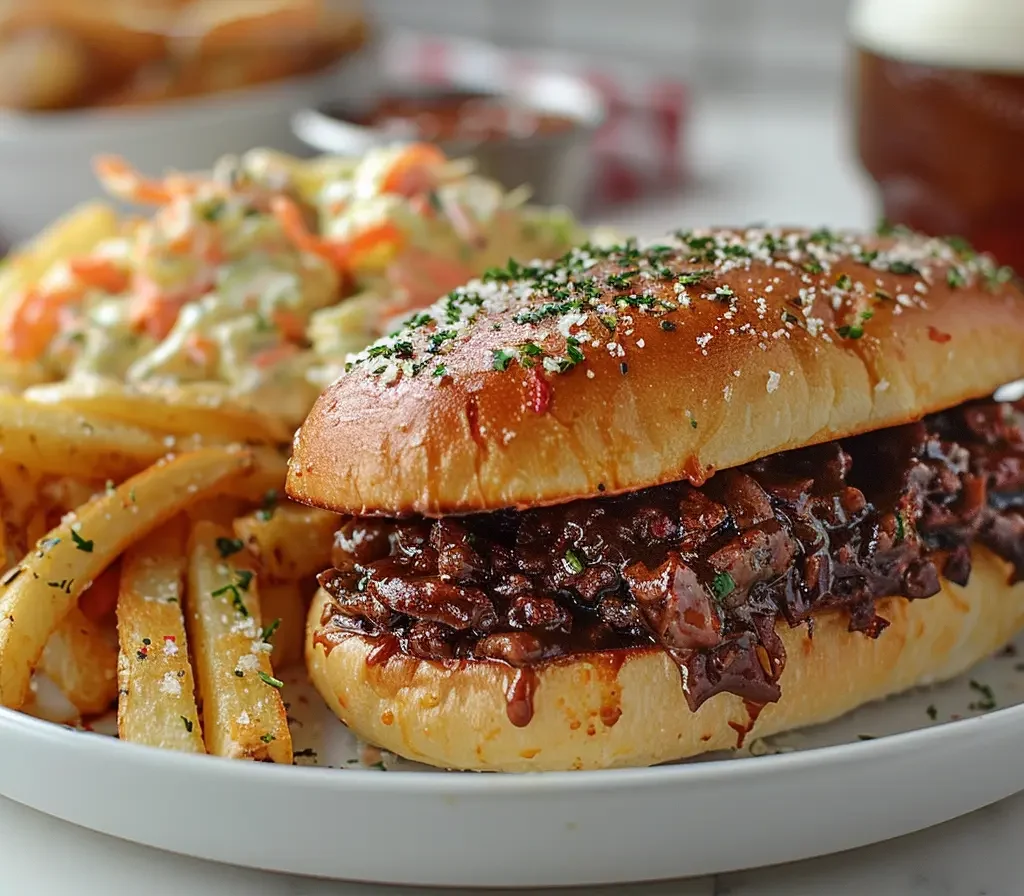 Maid-Rite sandwich with fries, coleslaw, and root beer