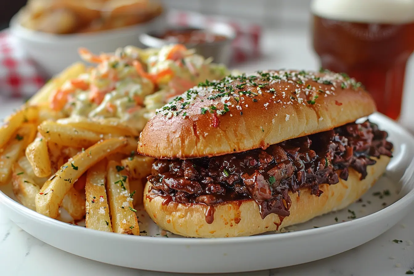 Maid-Rite sandwich with fries, coleslaw, and root beer