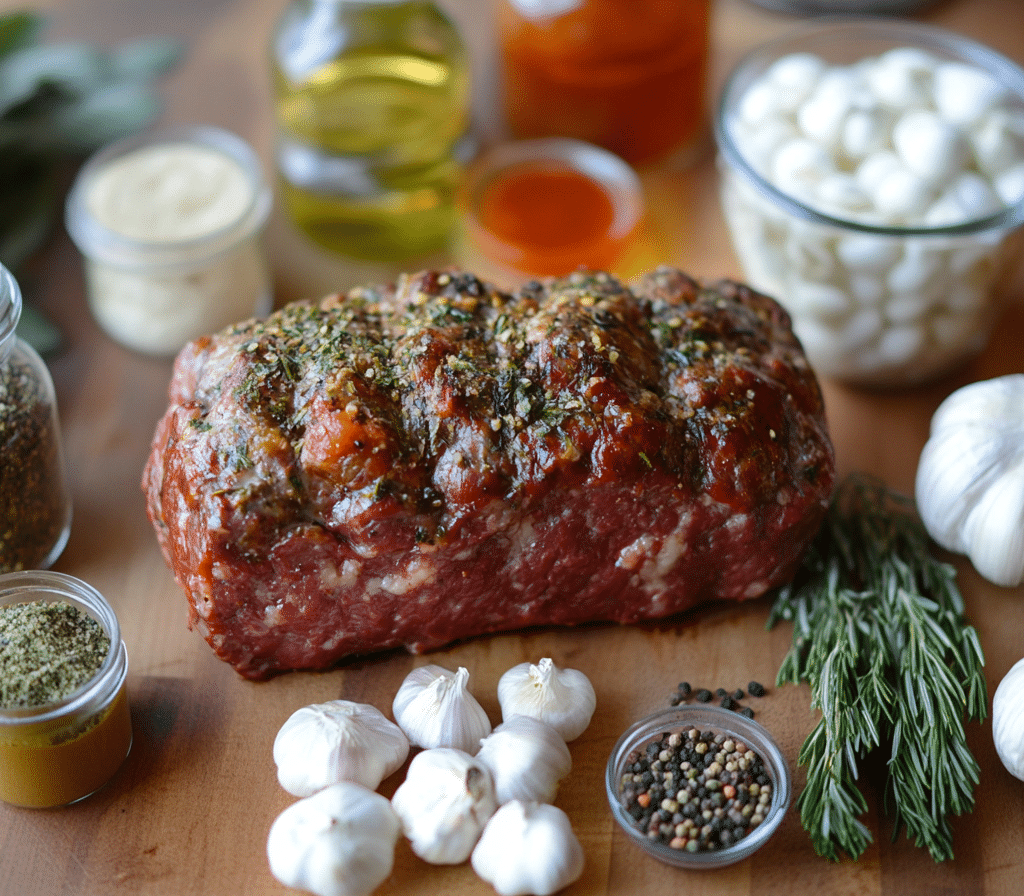 The Best Smoked Meatloaf Recipe: A Step-by-Step Guide for Perfect Flavor 8 Seasoned raw steak on a wooden cutting board with spices, garlic, and olive oil.